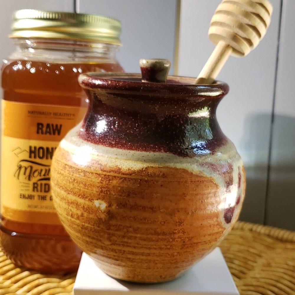 Hand turned stoneware honey pot with dipper